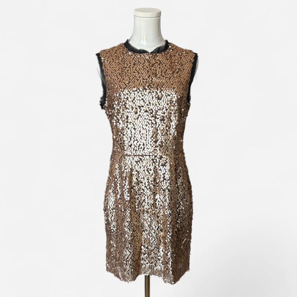 Nanette Lepore Sequin Sheath Dress Gold‎ Black Trim Sleeveless Size 8